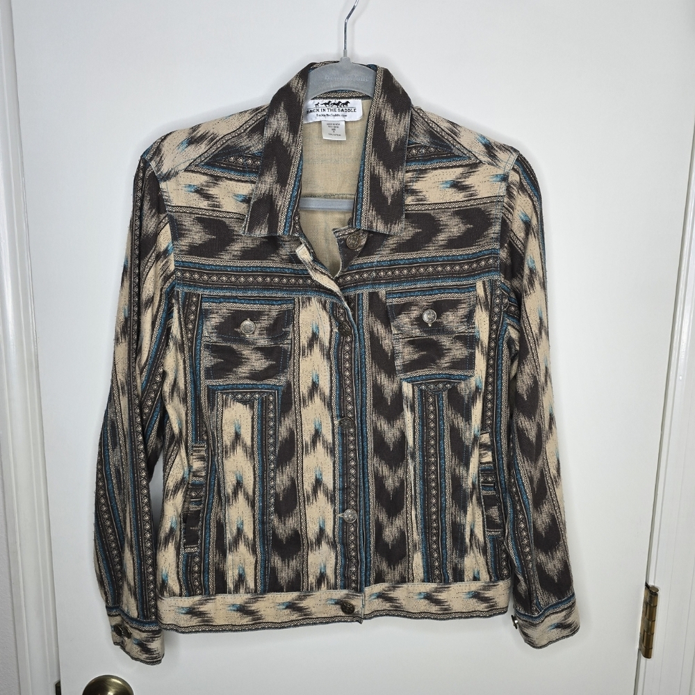 Chic Patterned Cotton Jacket with Cream and Brown Tones Size Small
